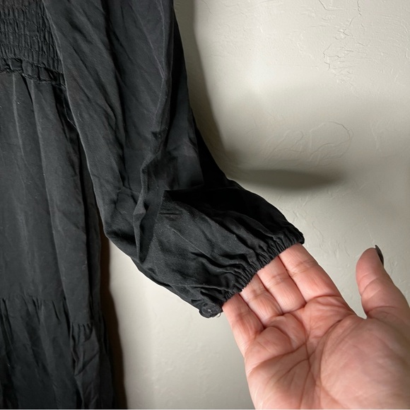 Bohme Black Tencel Smocked Tiered Long Sleeve V-Neck MIDI Dress - Picture 7 of 11